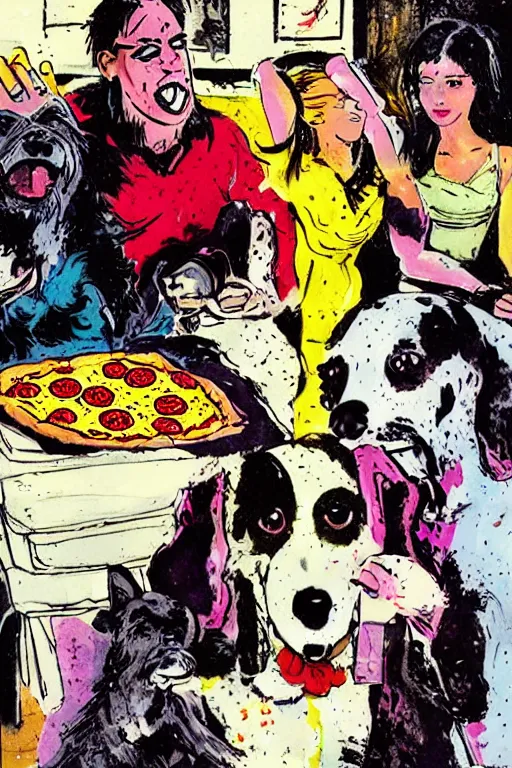 Prompt: happy dogs eating pizza, graphic novel, high contrast, by bill sienkiewicz