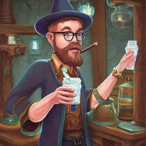 Prompt: hipster wizard in glasses with milkshake and iphone in the hands, fantasy, magic, intricate, elegant, highly detailed, digital painting, concept art, matte, sharp focus, illustration, hearthstone