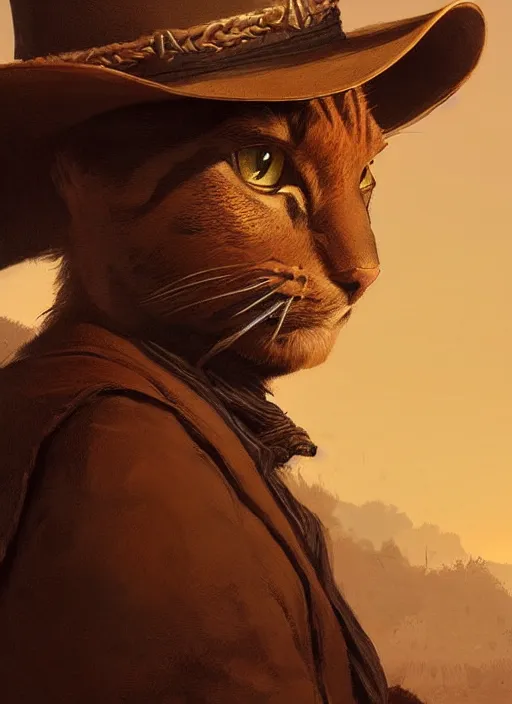 Prompt: highly detailed portrait of brown cat wearing a cowboy hat, determined. red dead redemption art, unreal engine, fantasy art by greg rutkowski