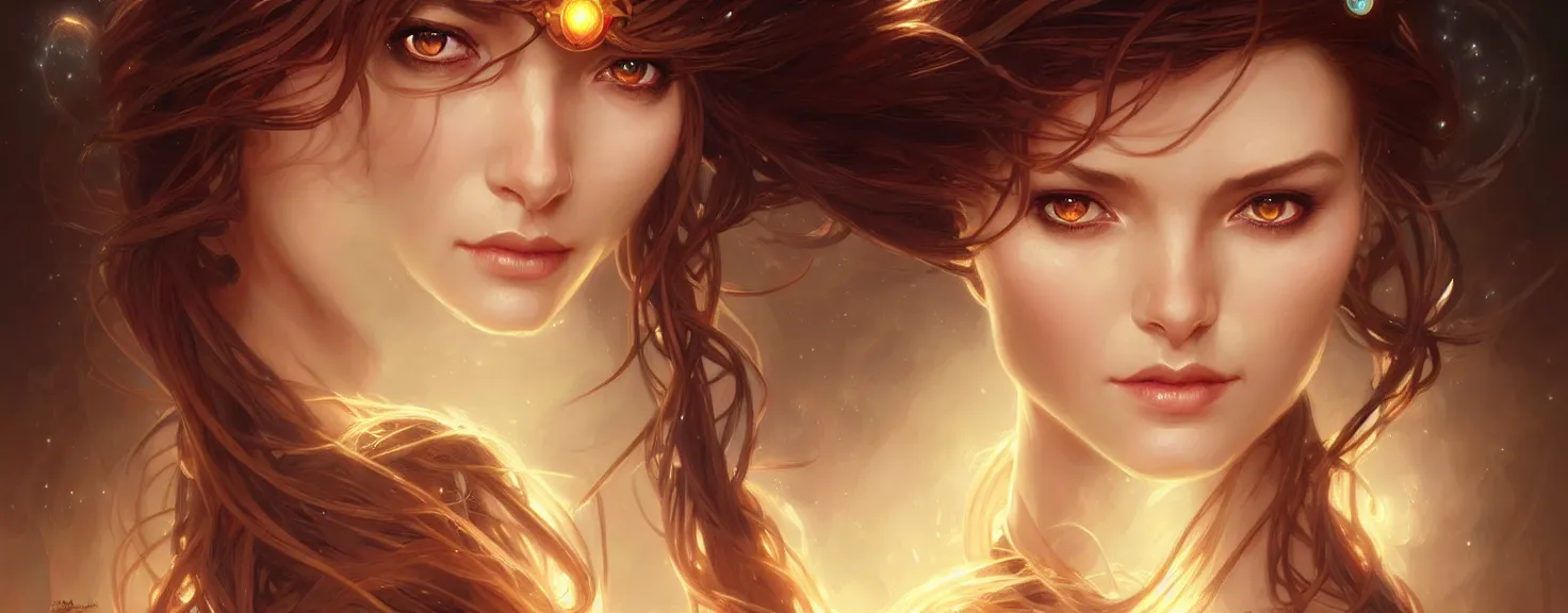 Image similar to fantasy magic woman portrait, sci-fi, amber eyes, face, long hair, fantasy, intricate, elegant, highly detailed, digital painting, artstation, concept art, smooth, sharp focus, illustration, art by artgerm and greg rutkowski and alphonse mucha