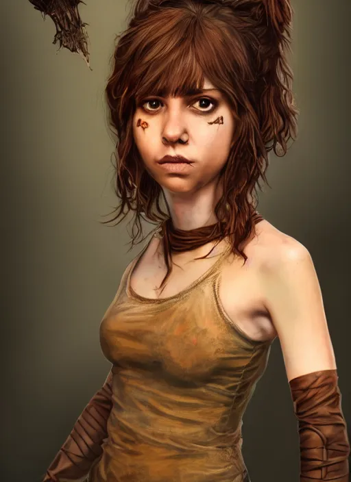 Image similar to an epic fantasy comic book style portrait painting of a girl with short dirty brown straggly hair, low lethargic insouciance voice with a drawl wearing a ragged dress, unreal 5, daz, hyperrealistic, octane render, cosplay, rpg portrait, dynamic lighting