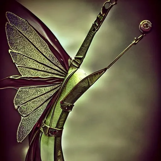 Image similar to fairy wings, metal, steampunk, macro, award winning photo