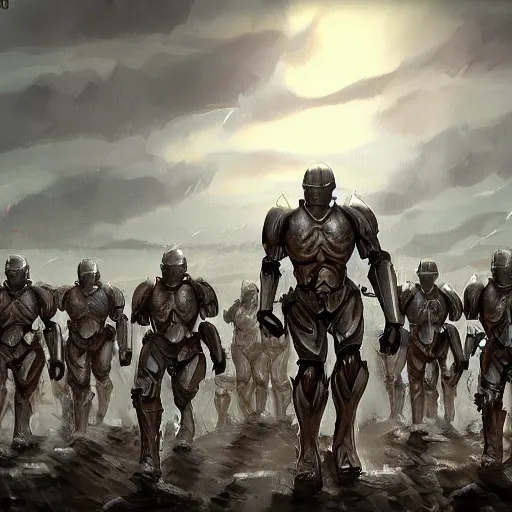 Image similar to Cyborg soldiers marching in battle inspired by Spartan style armor, digital painting trending on artstation, unreal engine, 4KHD, highly detailed, award winning, Sparta!!! Cyborg!!!