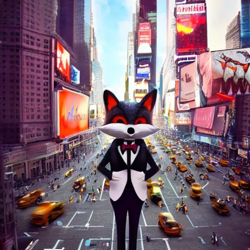 Prompt: anthropomorphic furry fox wearing a tuxedo stands on the times square ,detailed, environment, building, cinematic lights, Artstation