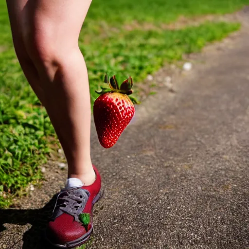 Image similar to a strawberry with cute human legs going for a stroll