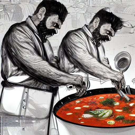 Prompt: hyper-detailed digital painting A chef with a big mustache proundly making a soup by kim jung gi