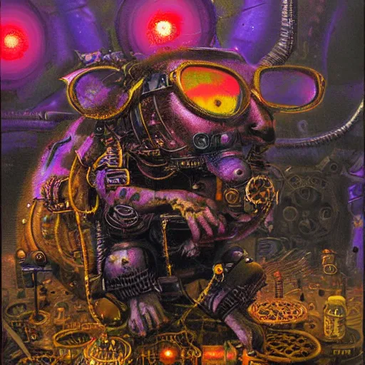 Image similar to steampunk rat, acid, 303, psychedelic, by paul lehr