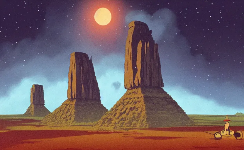 Image similar to a realistic cell - shaded studio ghibli concept art from paprika ( 2 0 0 6 ) of a cubic multi - colored rocketship from close encounters of the third kind ( 1 9 7 7 ) in a flooded monument valley stonehenge jungle jungle on a misty starry night. a camel caravan is in the foreground. very dull colors, portal, hd, 4 k, hq