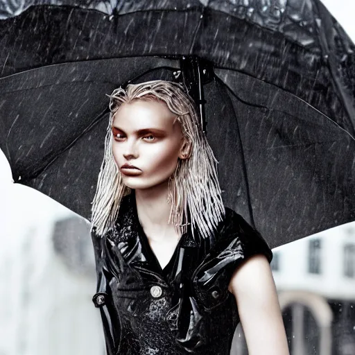 Prompt: close up of face of a wet fashion model in luxury dress, rainy, official dior editorial, highly detailed