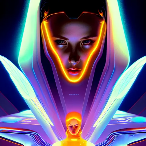 Image similar to tron angel, psychedelic lsd, diffuse lighting, hyper realistic, elegant, intricate, hyper detailed, smooth, sharp focus, concept art, illustration, trending on artstation, art by greg rutkowski and james gurney and alphonse mucha