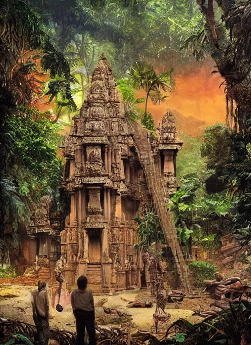 Prompt: 8 k concept art from a hindu temple lost in the jungle by david mattingly and samuel araya and michael whelan and dave mckean and richard corben. realistic matte painting with photorealistic hdr volumetric lighting. composition and layout inspired by gregory crewdson.