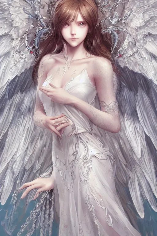 Prompt: beautiful maiden with angelic wings, intricate, elegant, highly detailed, artstation, concept art, illustration, art by Yoshitaka Amano, Sakimichan, Kuvshinov Ilya, tsuaii
