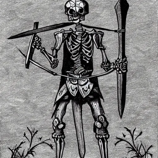 Prompt: drawing of a skeleton warrior with a medieval ax, shield, and horned helmet on the background of a cemetery