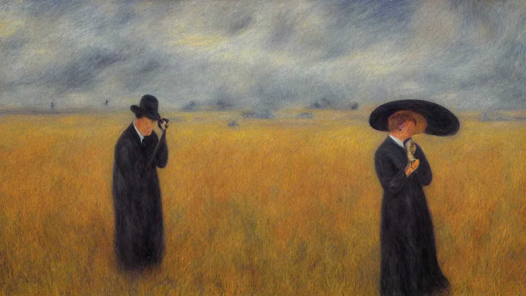 Image similar to a the grim reaper standing in a foggy wheat field in style of pierre - auguste renoir,, fine details,