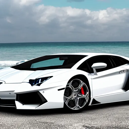 Image similar to A beautiful silver Lamborghini aventador on the beach, 8k, ray tracing