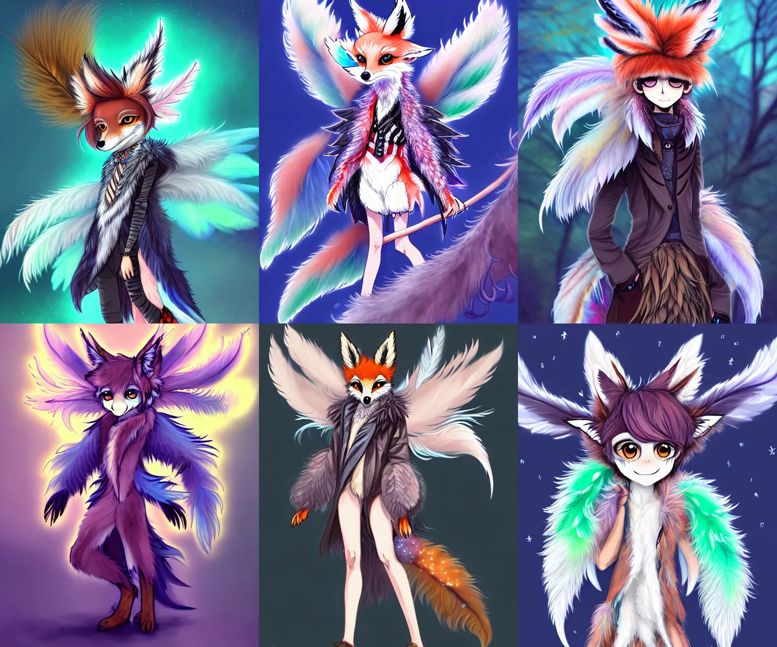 Prompt: a cute chibi harpy fox - boy fursona completely covered in feathers and wearing a full outfit made of feathers is standing in anime scenery central park new york. trending on pixiv. trending on artstation. neon steampunk aesthetic. a vibrant digital oil painting. a highly detailed drawing of a character portrait by terese nielsen and edvard gurney guay