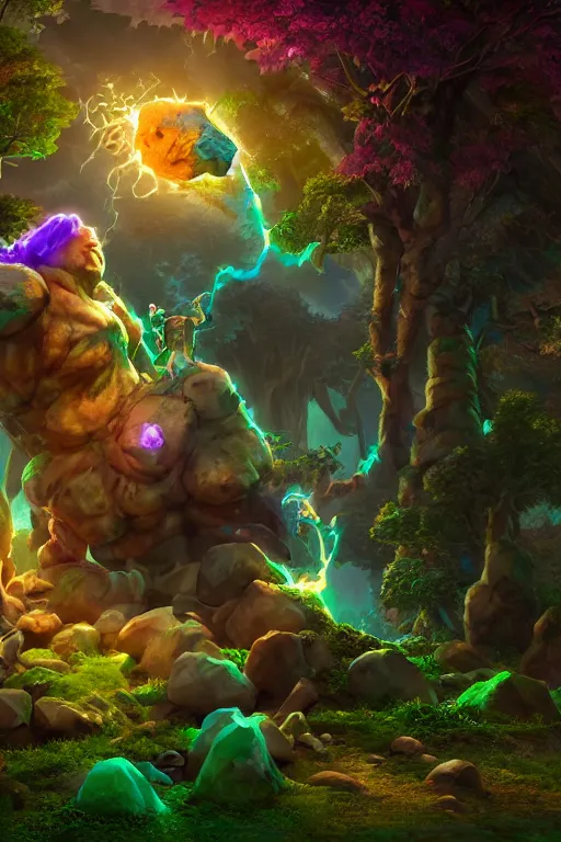 Image similar to arcane fantasy art giant golem elemental wood rock bastion forged gemstone enchanted forest troll, global illumination ray tracing hdr fanart arstation by sung choi and eric pfeiffer and gabriel garza and casper konefal lisa frank zbrush central hardmesh radiating a glowing aura