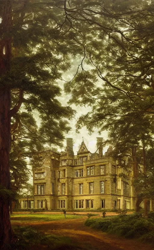 Image similar to portrait of a large victorian manor house in a pine forest, well lit, detailed, cinematic lighting, oil painting