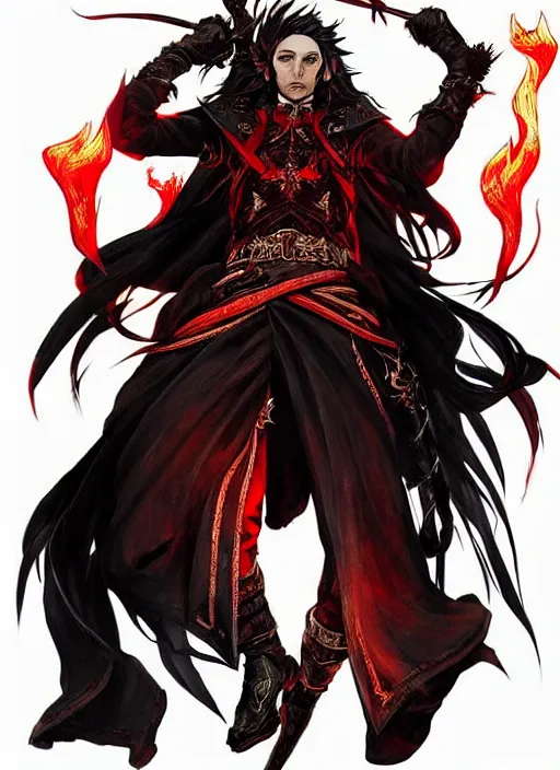 Image similar to Half body portrait of a handsome elf fire mage with long black hair wearing ornate scarlet robe, crazy grin, flame, anarchy. In style of Yoji Shinkawa and Hyung-tae Kim, trending on ArtStation, dark fantasy, great composition, concept art, highly detailed, dynamic pose.