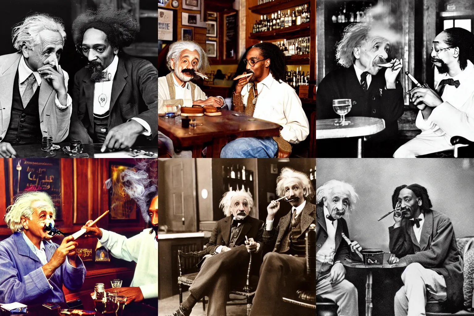 Prompt: photograph of Albert Einstein and Snoop dog smoking cigars chilling in a bar discussing physics, color photograph, 4k, HDR