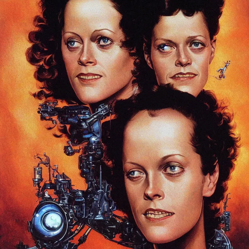 Image similar to close - up portrait of retrofuturistic young sigourney weaver in space. reflective detailed textures. soft gloomy dark background. highly detailed fantasy science fiction painting by moebius, norman rockwell, frank frazetta, and syd mead. rich colors, high contrast. artstation