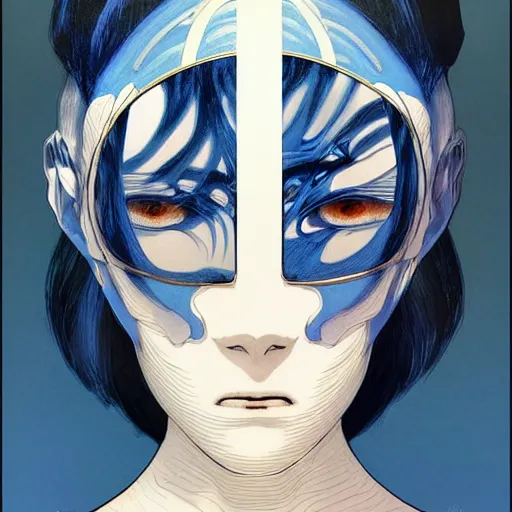 Image similar to prompt : ivory and blue and black portrait soft light painted by james jean and katsuhiro otomo and erik jones, inspired by evangeleon anime, smooth face feature, intricate oil painting, high detail illustration, sharp high detail, manga and anime 1 9 9 9