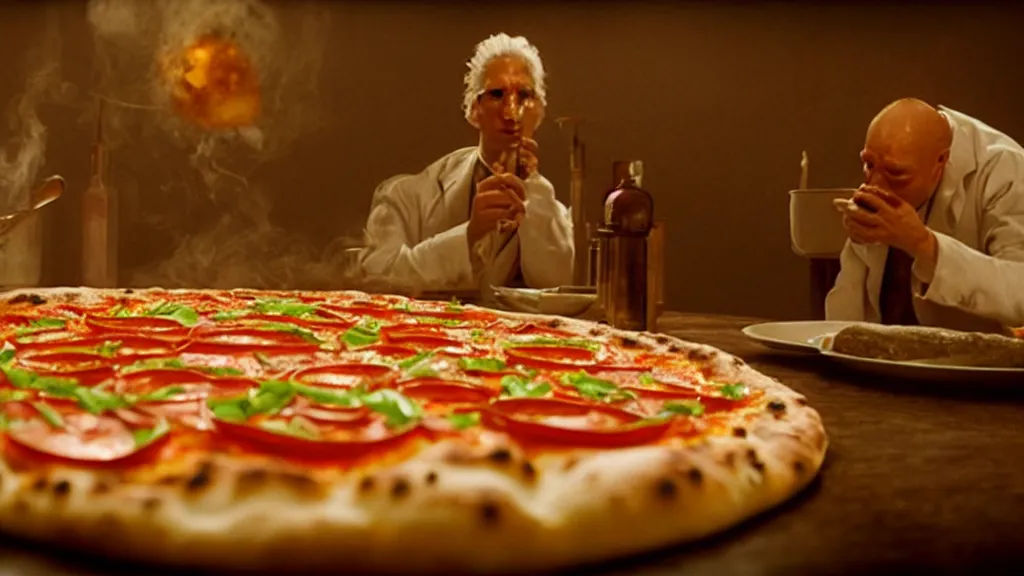 Prompt: glowing oil, on a pizza, film still from the movie directed by denis villeneuve and david cronenberg with art direction by salvador dali and dr. seuss