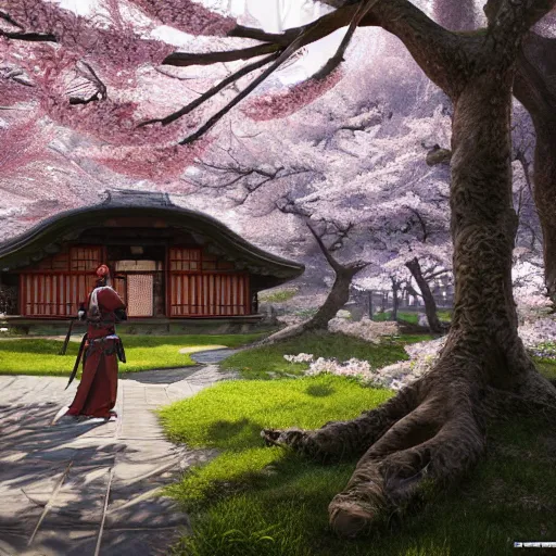 Prompt: hyperrealistic painting of a highly detailed photorealistical samurai, in the background traditional Japanese hut, cherry blossom trees outside, Feng Shui Style, cinematic concept art, art station, award winning art, 8k, octane render, unreal engine 5
