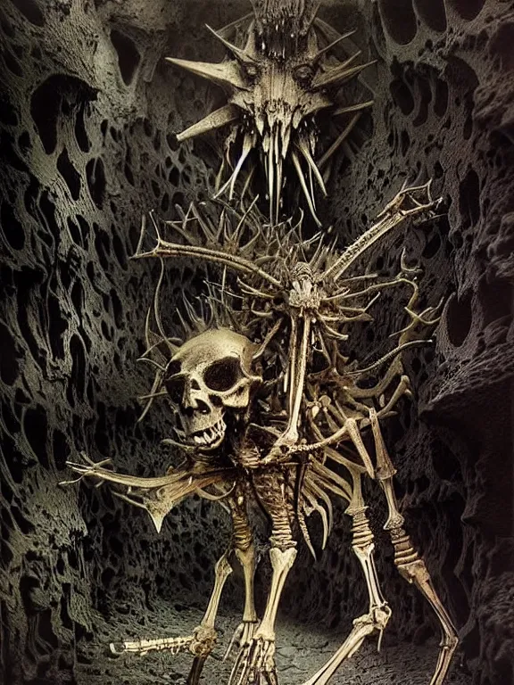 Image similar to A spiked horned skeleton with armored joints stands in a cave. Extremely high detail, realistic, fantasy art, solo, masterpiece, saturated colors, bones, ripped flesh, art by Zdzisław Beksiński, Arthur Rackham, Dariusz Zawadzki