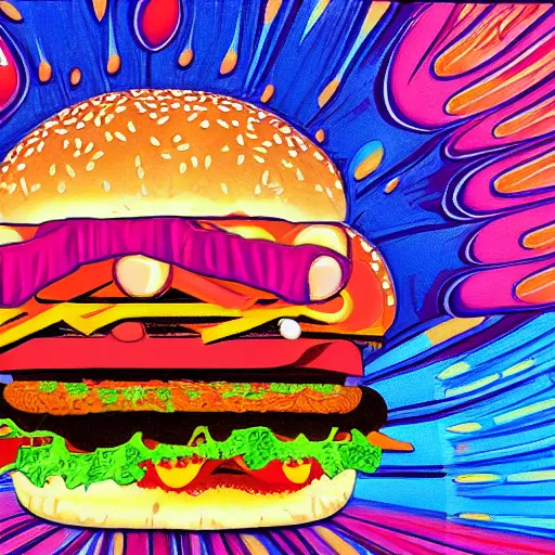 Image similar to psychedelic painting of a man eating a hamburger