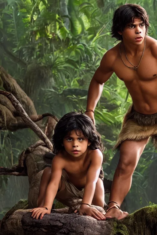 Prompt: jake t. austin plays mowgli in the live action adaptation of the jungle book, 3 5 mm photography, highly detailed, cinematic lighting, 4 k