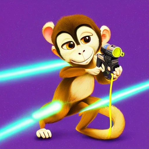 Image similar to “ logo of a monkey in the style of zootopia holding laser gun, with a black background, digital art, award winning, trending on art station, retro style ”