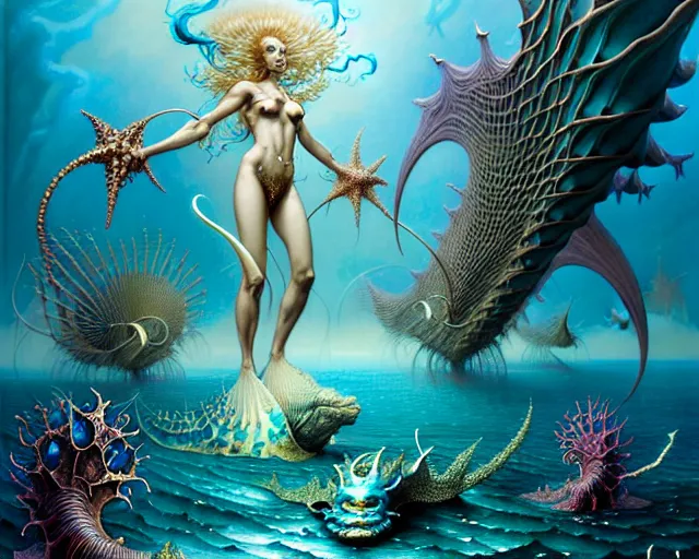 Image similar to the army of merfolk and sea monsters, ocean, fantasy character portrait made of fractals facing each other, ultra realistic, wide angle, intricate details, the fifth element artifacts, highly detailed by peter mohrbacher, hajime sorayama, wayne barlowe, boris vallejo, aaron horkey, gaston bussiere, craig mullins