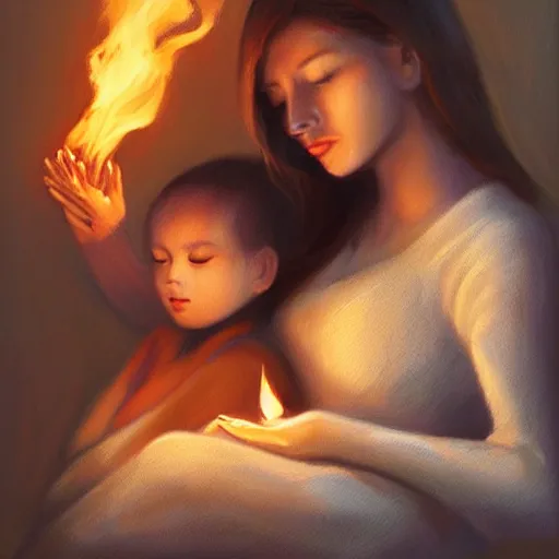 Image similar to beautiful woman cradling her child made of fire by stanley lau, elegant, realistic, loving