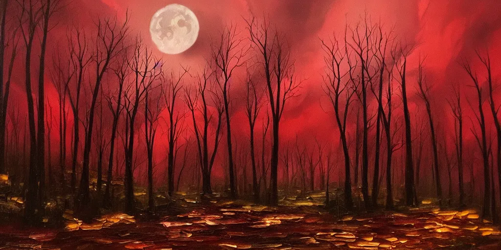 Image similar to a beautiful oil painting of a dark forest under the blood moon, thunderstorm in the sky red lighting gloomy atmospheric