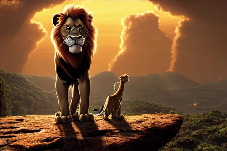 Image similar to scar ( from the lion king 1 9 9 4 ), heavily armed and armored facing down armageddon in a dark and gritty version from the makers of fallout : war never changes