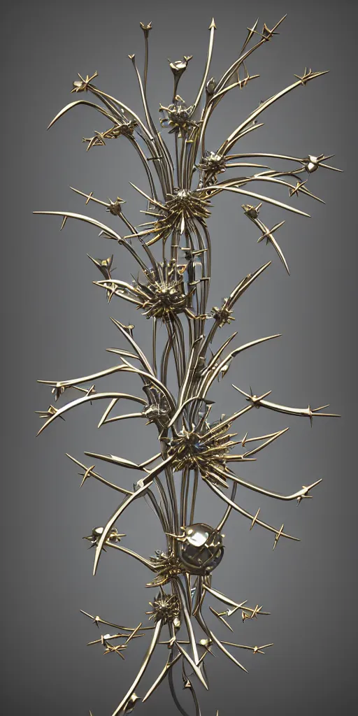 Image similar to 3 d photographic render of asymmetric metallic flower sculpture with thorns, bioluminescent chrometype, made of liquid metal, neotribal with thorns and thunders, cyberpunk, raytracing, hyper realistic, volumetric lightning, 8 k, by zhelong xu and ouchh studio