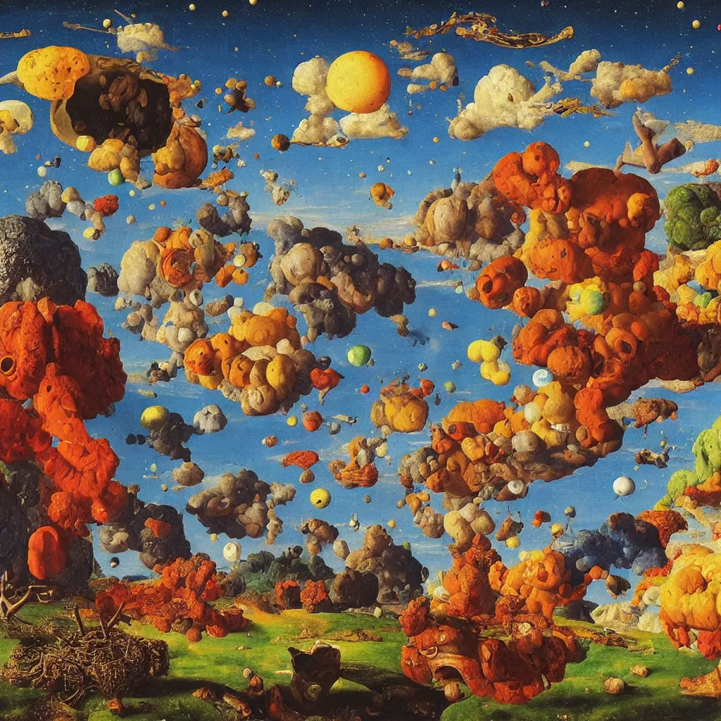 Prompt: a single! colorful! ( astronaut ) fungus clear empty sky, a high contrast!! ultradetailed photorealistic painting by jan van eyck, audubon, rene magritte, agnes pelton, max ernst, walton ford, andreas achenbach, ernst haeckel, hard lighting, masterpiece