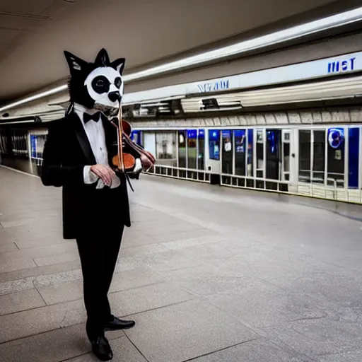 Prompt: a man in a tux wearing a white wolf mask playing the violin at a dirty metro station, unnerving, 4k photography, highly detailed, long shot.