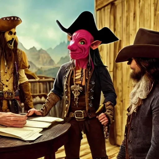 Prompt: a goblin with a large nose and a pirate with a bandana negotiating a contract with Jared Leto in a Western saloon. Realism