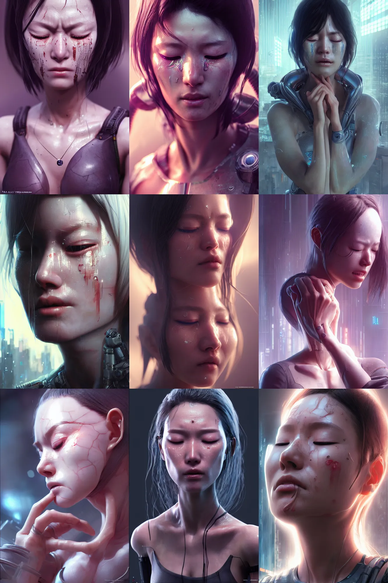 Prompt: ultra detailed, beautiful crying! android woman, eyes closed, photorealistic, postcyberpunk, octane render, concept art, 8 k, intricate detailed environment. by terry o'neill and moebius and artgerm and kuciara