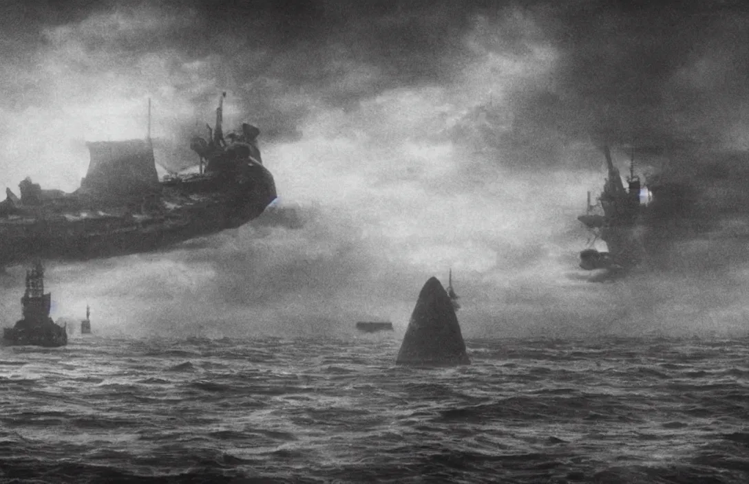 Image similar to ship ever further out to sea futuristic wanders in disconsolate disarray intact flawless ambrotype from 4 k criterion collection remastered cinematography gory horror film, ominous lighting, evil theme wow photo realistic postprocessing directed by kurosawa wanders in disconsolate disarray artists oeuvre jan van der heyden