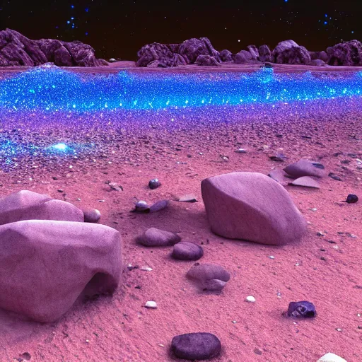 Prompt: a desert composed of metallic rocks with electrical blue discharges, many electrical blue arches transmitting between the different rocks, electrical blue sparkles in the ground, moonless night, very black sky, cinematic, high quality, 1 6 k, breathtaking quality, detailed, hyperealistic, dreamy, fantasy digital art