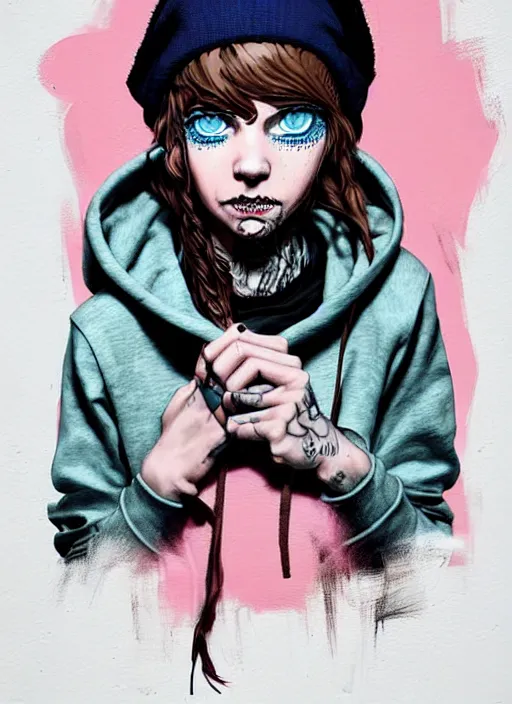 Prompt: highly detailed portrait of a swedish sewer punk lady student, blue eyes, tartan hoody, hat, white hair by atey ghailan, by greg tocchini, by kaethe butcher, by james gilleard, gradient pink, black, brown, cream and light blue color scheme, grunge aesthetic!!! ( ( graffiti tag wall white background ) )