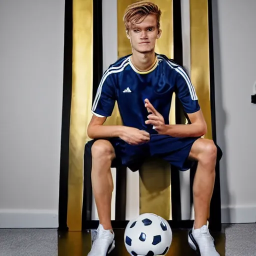 Prompt: a realistic detailed photo of a guy who is an attractive humanoid who is half robot and half humanoid, who is a male android, soccer player martin ødegaard, shiny skin, posing like a statue, blank stare, in a living room, on display, showing off his muscles, gold soccer shorts