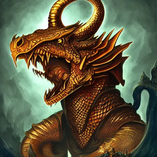 Prompt: Golden Dragonborn, D&D Commision Art Dragon, Nagrax , Dragon Portrait Digital Commission,Smiling, cut horns, wielding a spear