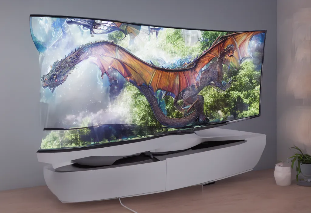 Image similar to curved transparent 3 dtv dragon popping out of tv, volumetric lighting, bedroom, visor, users, pair of keycards on table, bokeh, creterion collection, shot on 7 0 mm, instax