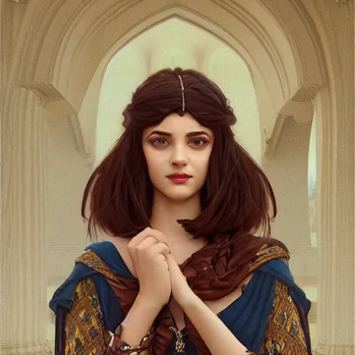 Image similar to A seductive twenty year old Mesopotamian witch in training, fully clothed in a major Mesopotamian city, portrait, highly detailed, digital painting, artstation, concept art, sharp focus, illustration, cinematic lighting, art by artgerm and greg rutkowski and alphonse mucha