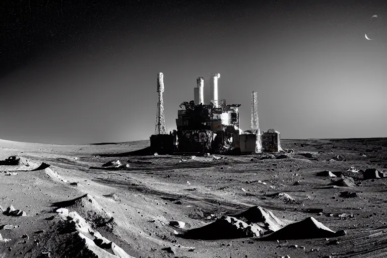 Image similar to a landscape photograph of a mining operation on the moon. plumes of dust are visible against the starry sky. stark contrast, vivid, award winning photography