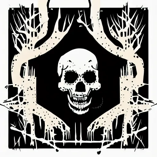 Image similar to dark death metal themed vector illustration for a record label, trees. forest, spikes, skull, microphone, skull, award winning, grunge, iconic, golden ratio